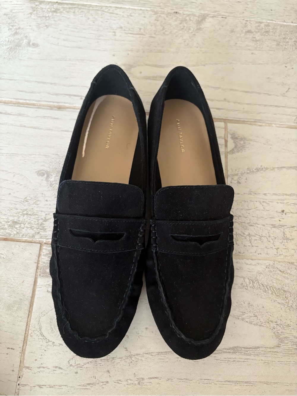 Ann Taylor Black Suede Penny Loafers